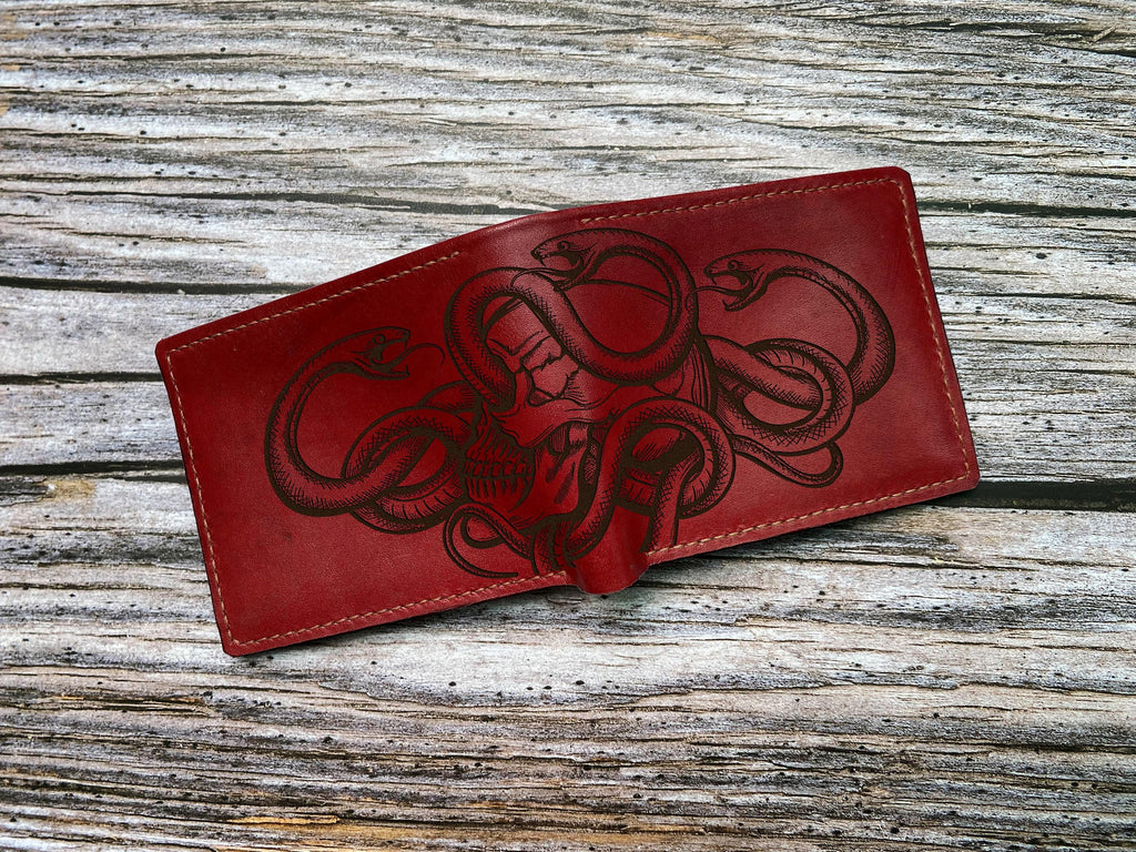 Handmade Leather Wallet, Engraved Snake Skull Pattern, Personalized Gift for Him