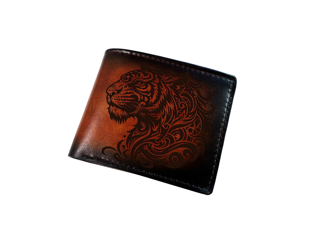 Engraved Tiger Leather Wallet: Handmade Animal Big Cat Gift
