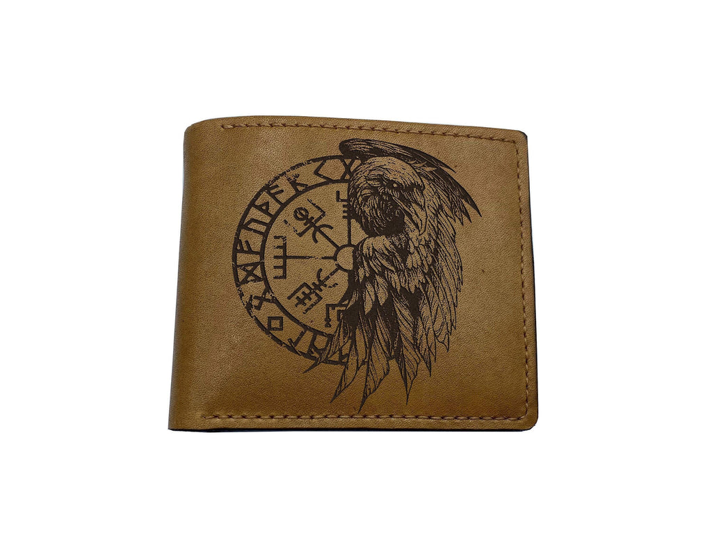 Raven Vegvísir Leather Wallet: Norse Viking Compass Engraved