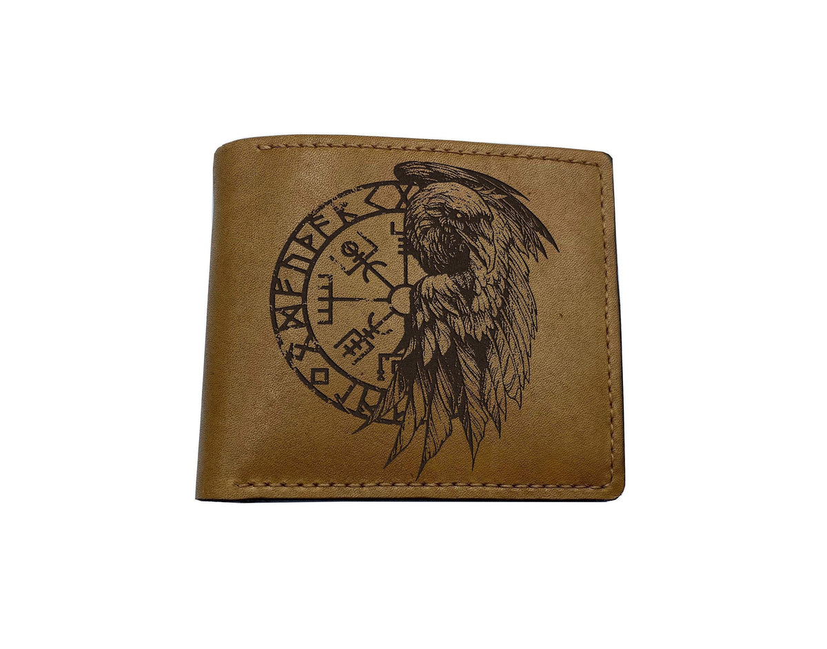 Raven Vegvísir Leather Wallet: Norse Viking Compass Engraved