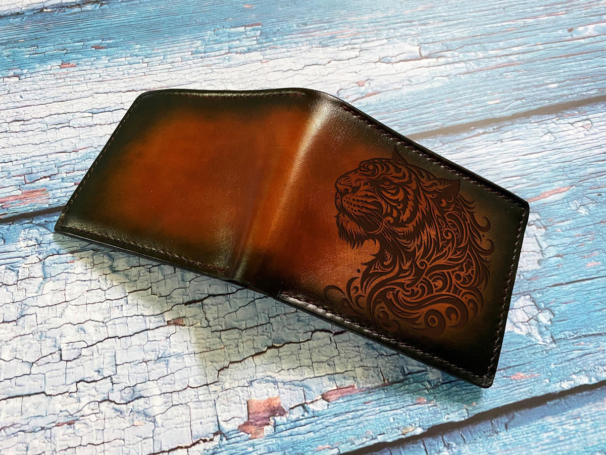 Engraved Tiger Leather Wallet: Handmade Animal Big Cat Gift
