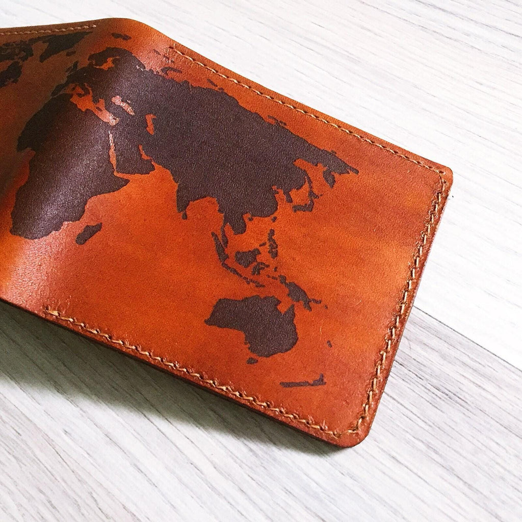 Personalized World Map Leather Wallet, RFID Blocking, Handmade