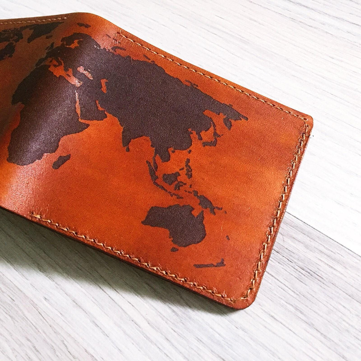Personalized World Map Leather Wallet, RFID Blocking, Handmade