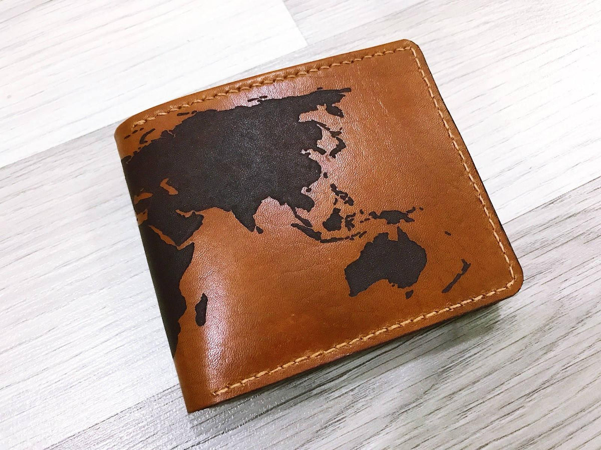 Personalized World Map Leather Wallet, RFID Blocking, Handmade