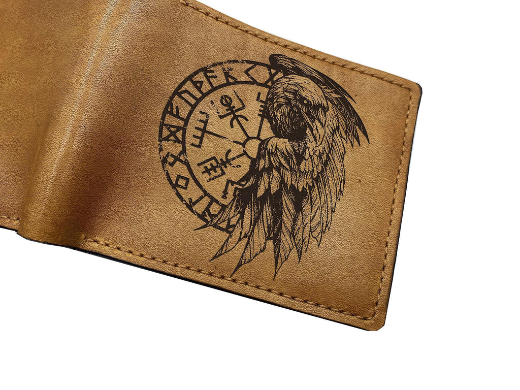 Raven Vegvísir Leather Wallet: Norse Viking Compass Engraved