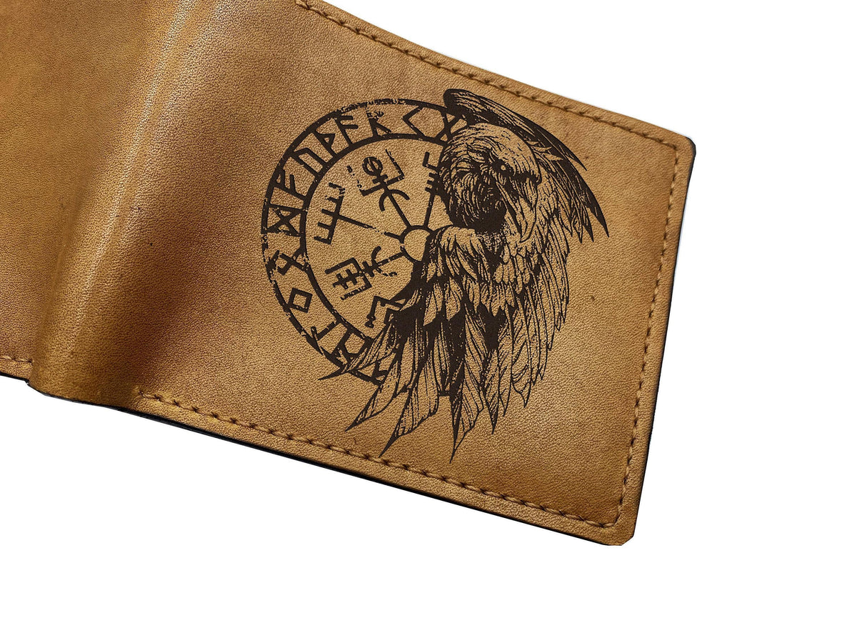 Raven Vegvísir Leather Wallet: Norse Viking Compass Engraved