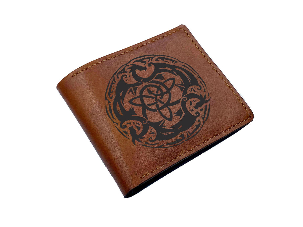 Personalized Leather Wallet, Norse Wolf, Celtic Pattern, Handmade