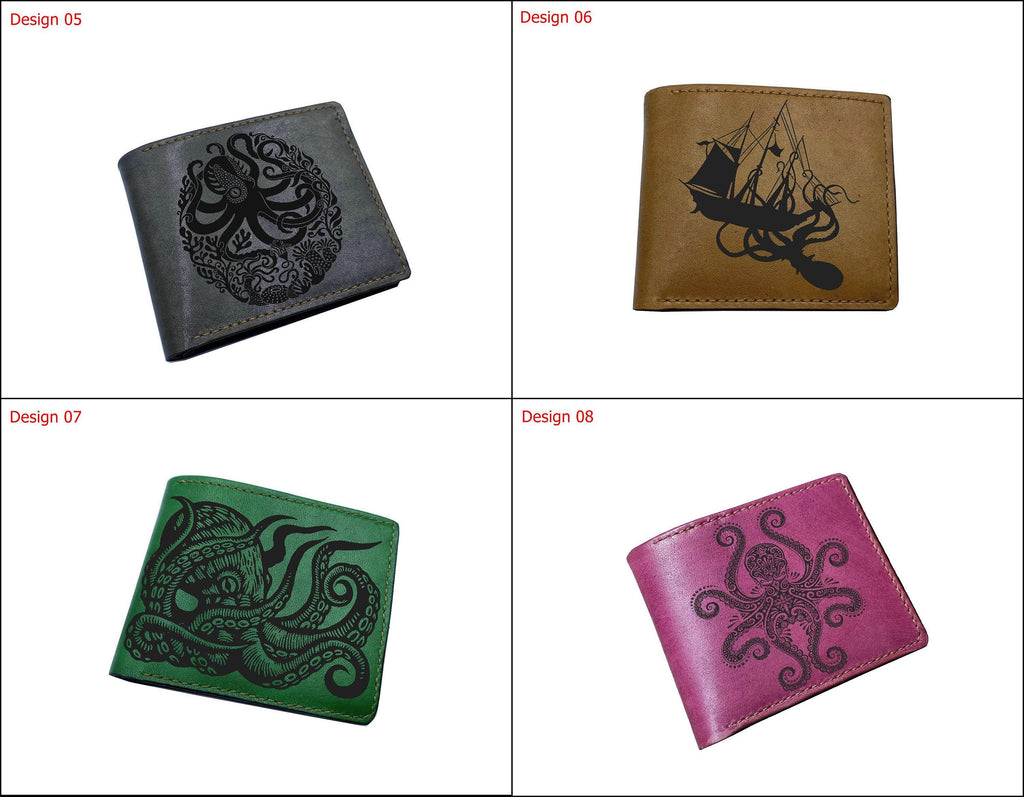Kraken Leather Wallet, Ship and Monster Art, Gift for Dad