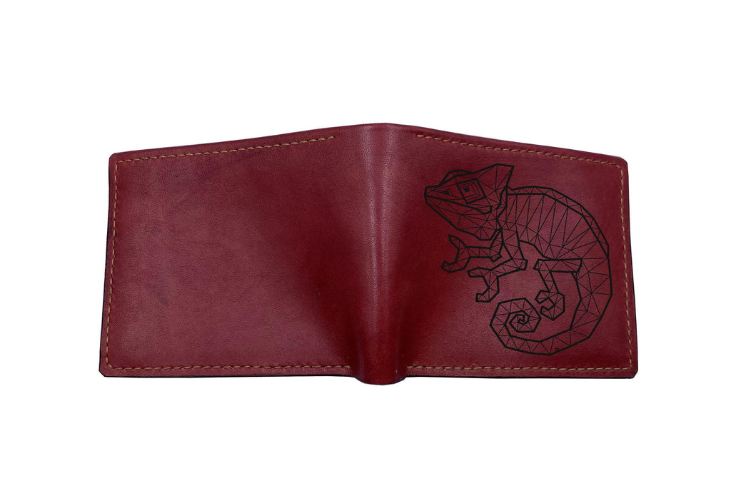 Custom Engraved Leather Wallet: Geometric Chameleon Art