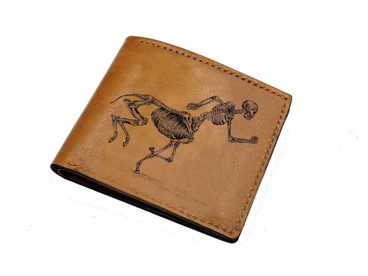 Custom Engraved Leather Wallet, Centaur Skeleton Art, Handmade