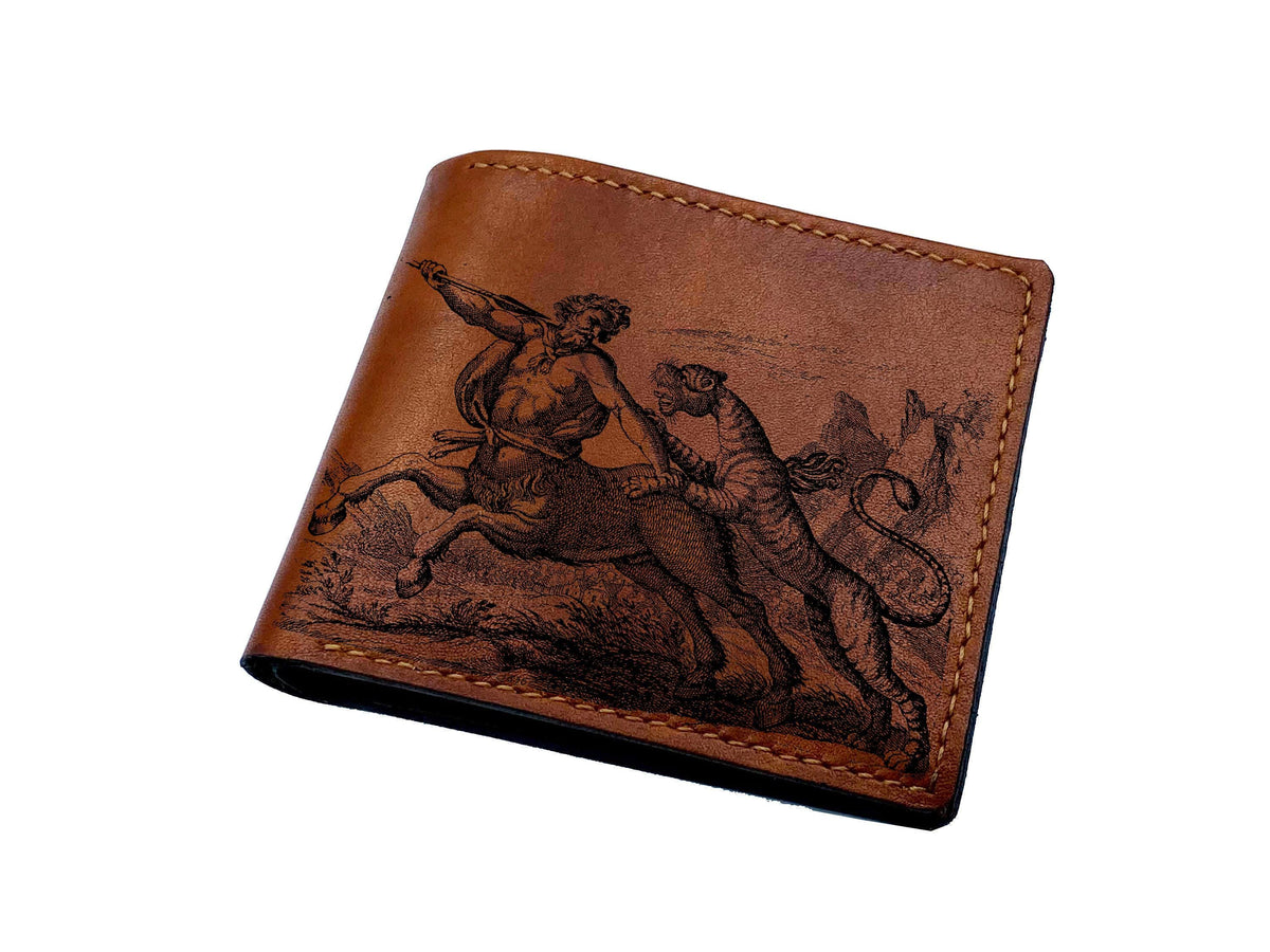 Custom Engraved Leather Wallet, Centaur Skeleton Art, Handmade