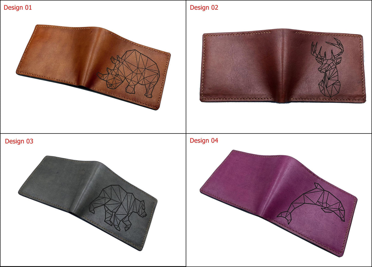 Custom Engraved Leather Wallet: Geometric Chameleon Art