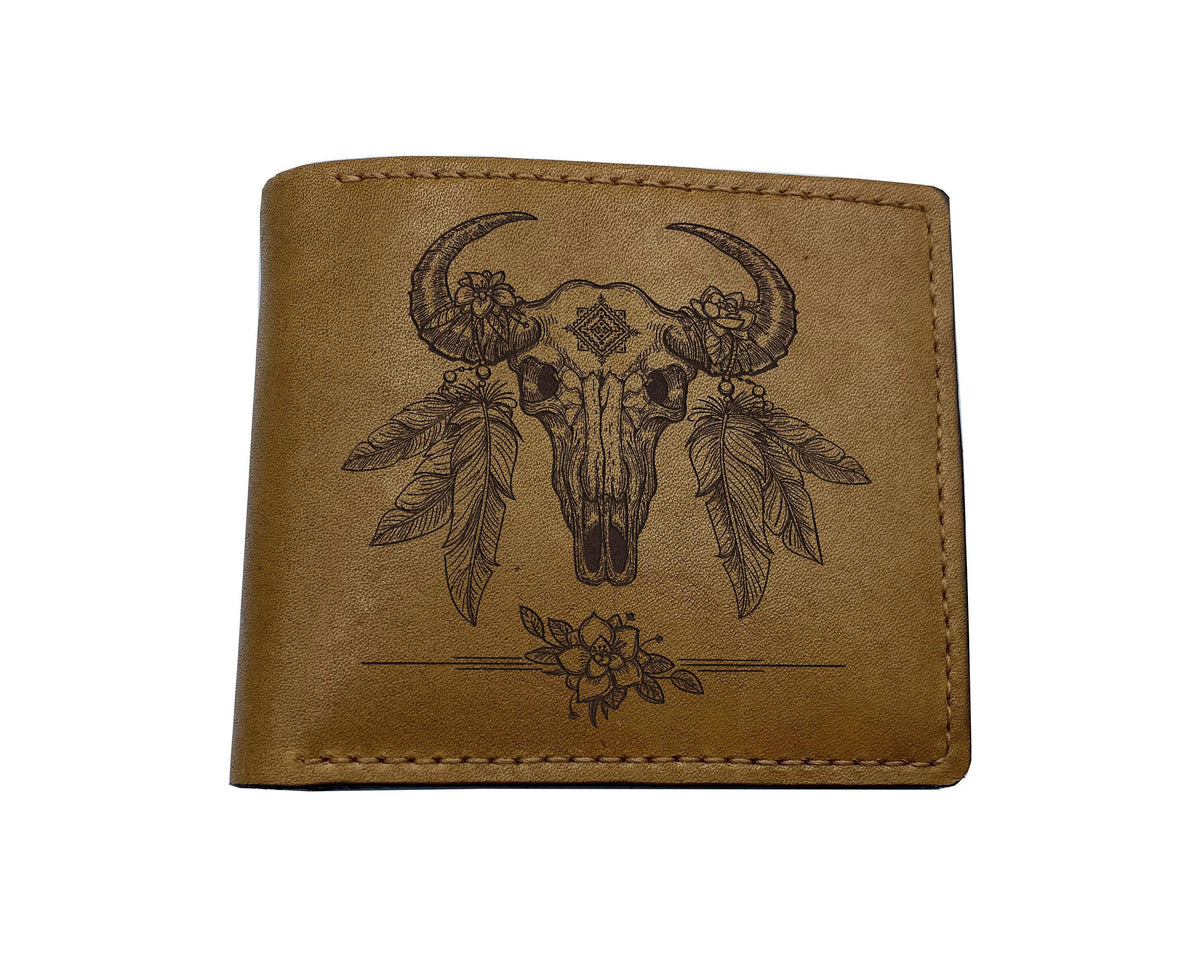 Personalized Leather Wallet, Bull Skull Art, Boho Chic Style, Gift for Men