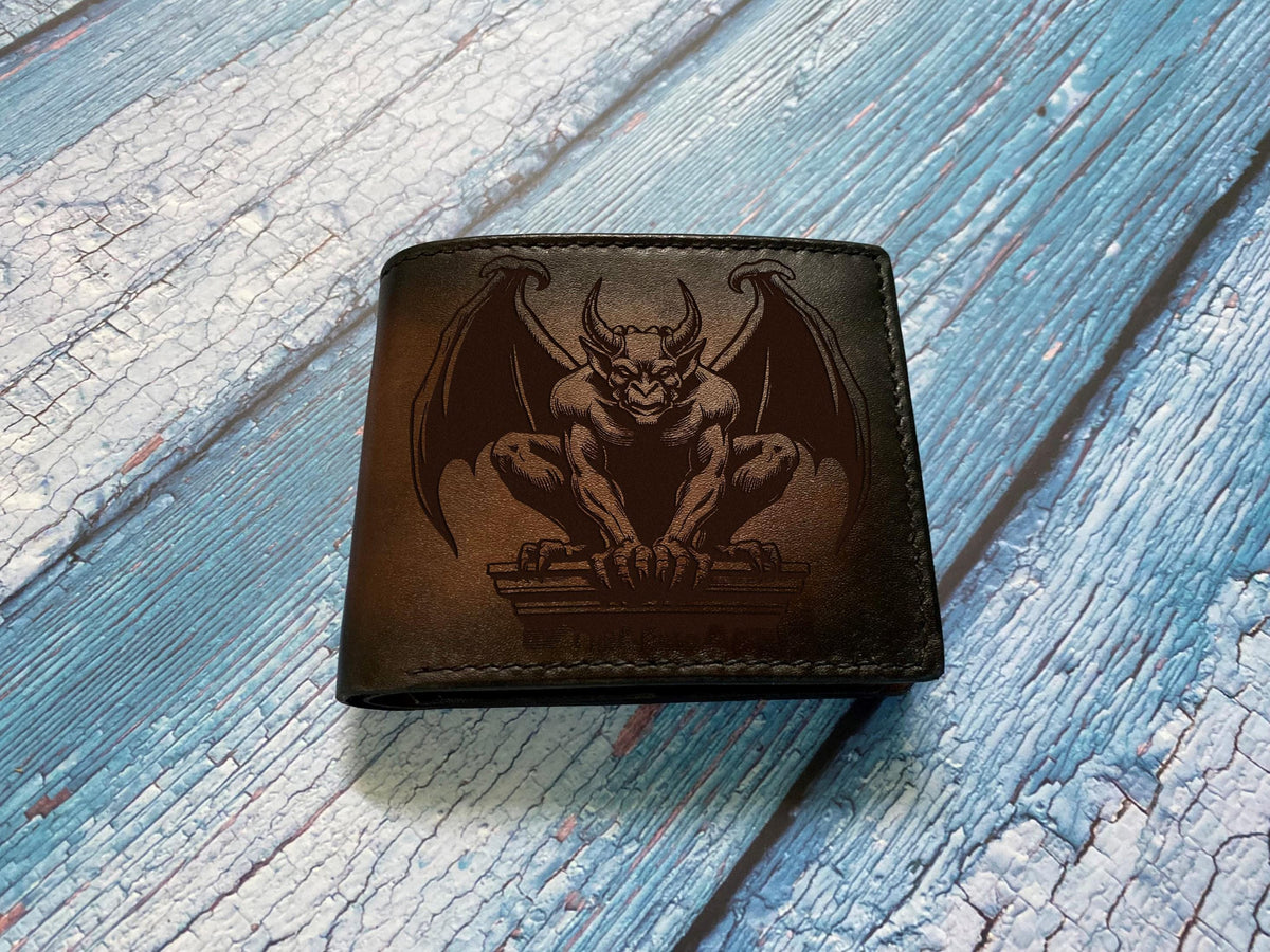 Handmade Leather Gargoyle Wallet: Engraved Bifold, Monster Style