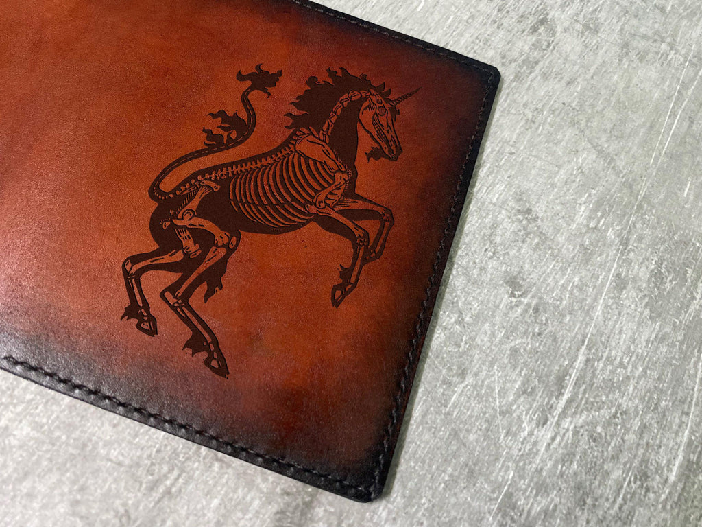 Handmade Leather Passport Wallet: Horse Unicorn Skeleton Travel Case