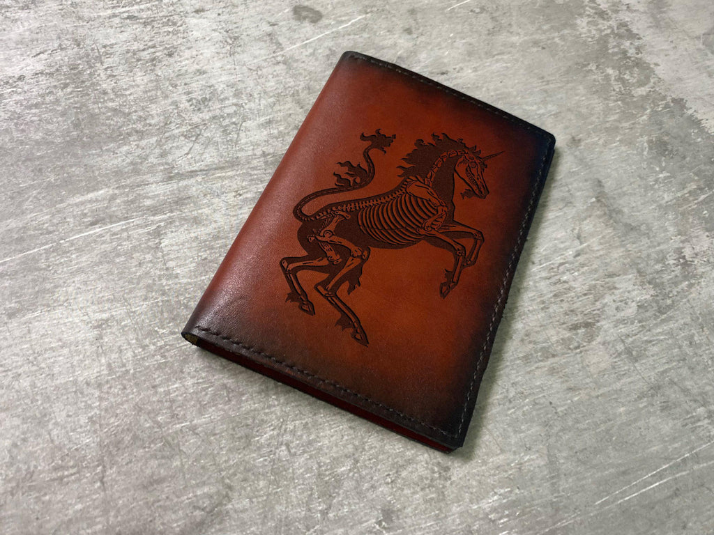 Handmade Leather Passport Wallet: Horse Unicorn Skeleton Travel Case
