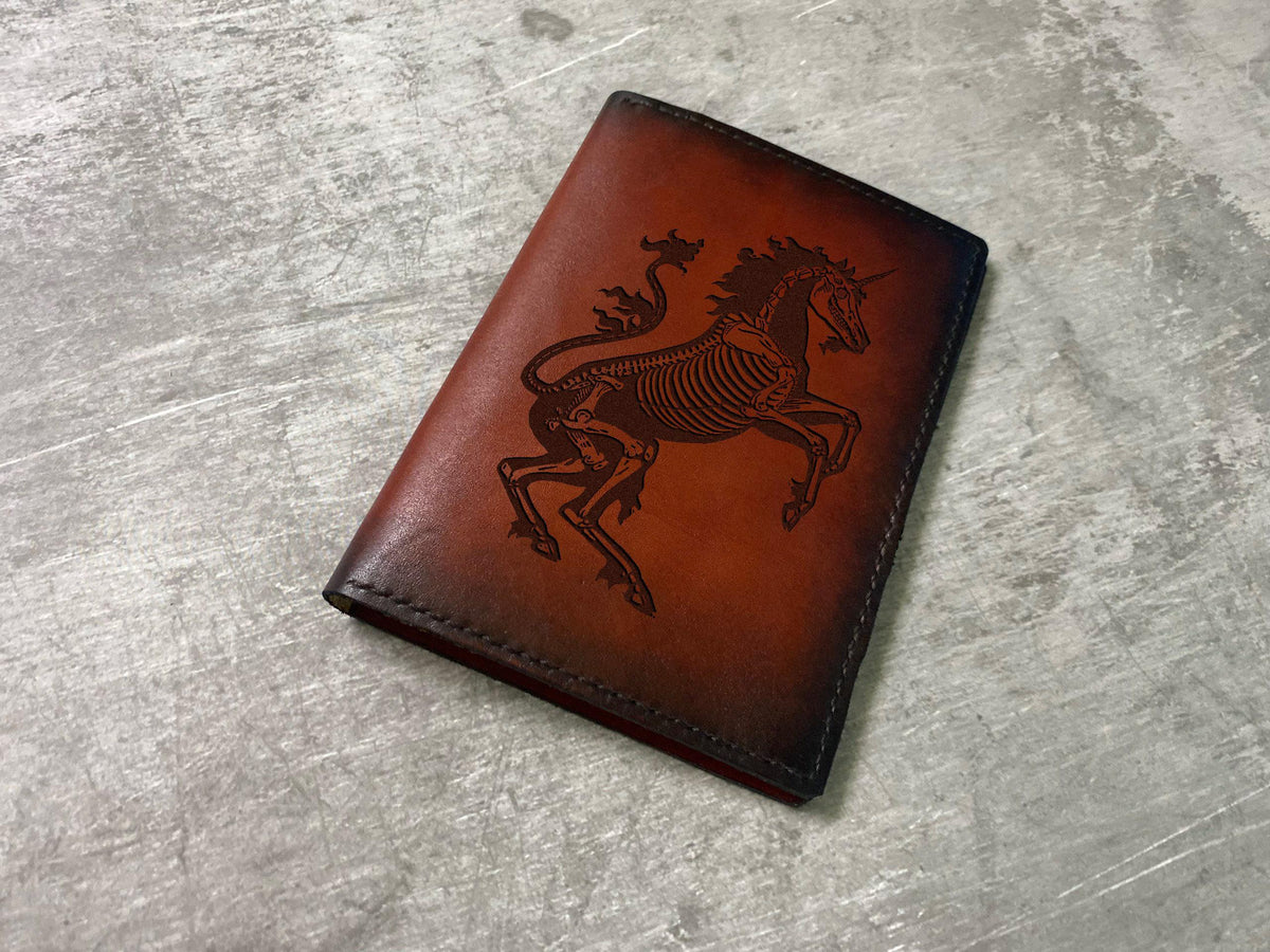 Handmade Leather Passport Wallet: Horse Unicorn Skeleton Travel Case
