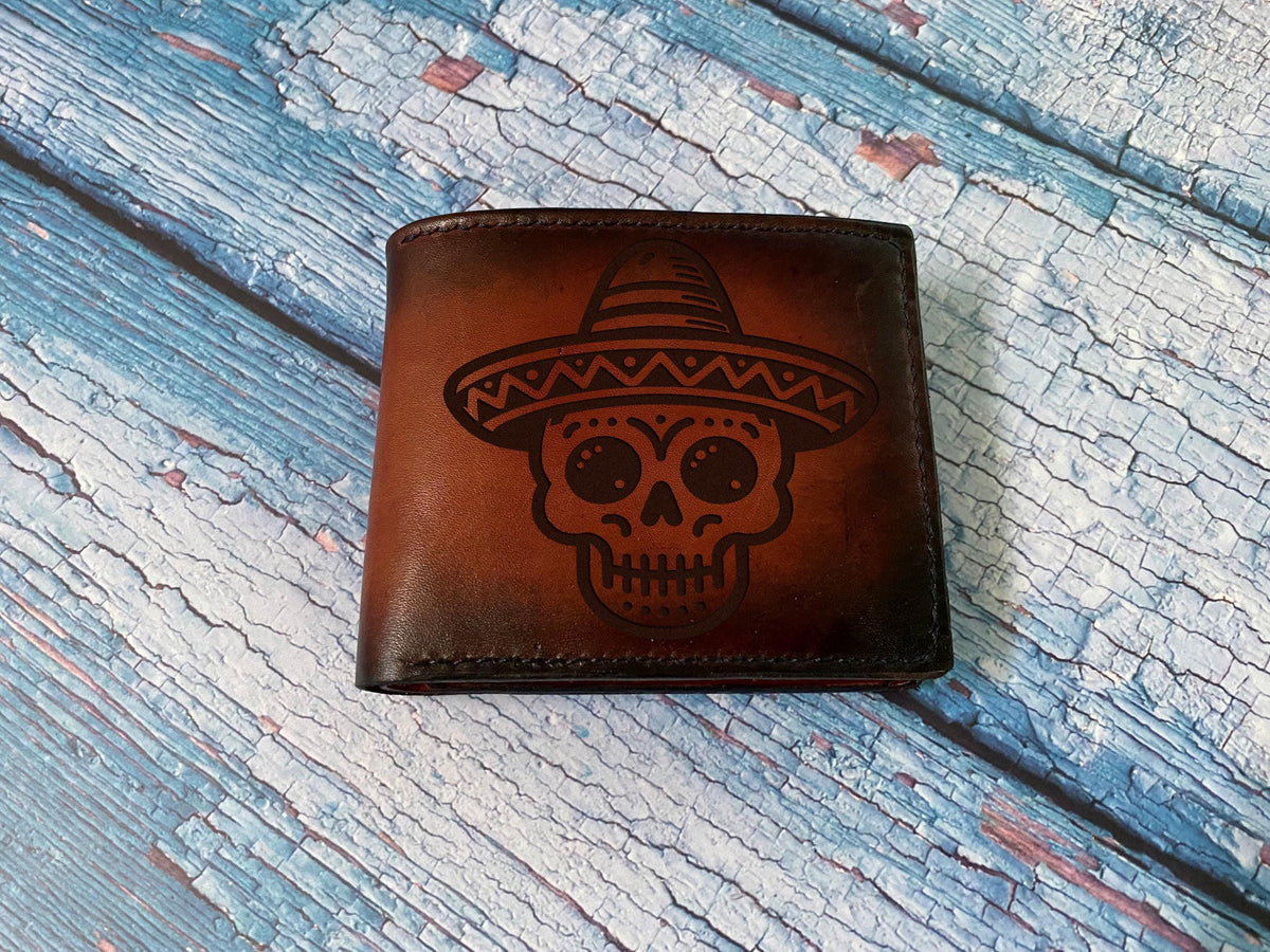 Skull Leather Bifold Wallet: Mexican Style, Custom Engraved