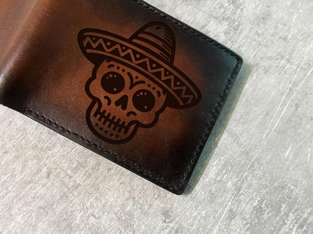 Skull Leather Bifold Wallet: Mexican Style, Custom Engraved