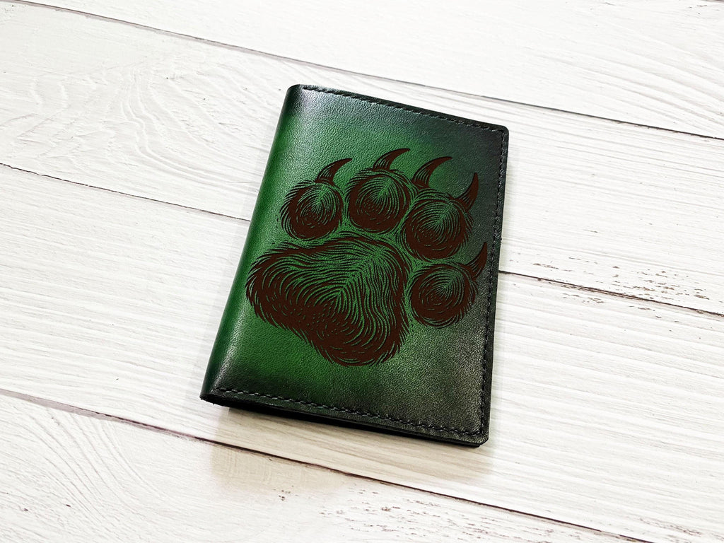 Engraved Bear Paw Leather Passport Wallet: Handmade Travel Gift