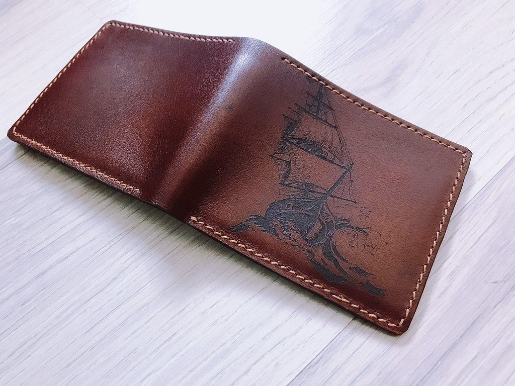 Sailing Ship Leather Wallet, Ocean Sea Design, RFID, Personalized Gift