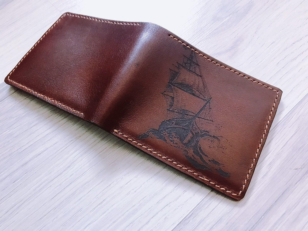 Sailing Ship Leather Wallet, Ocean Sea Design, RFID, Personalized Gift