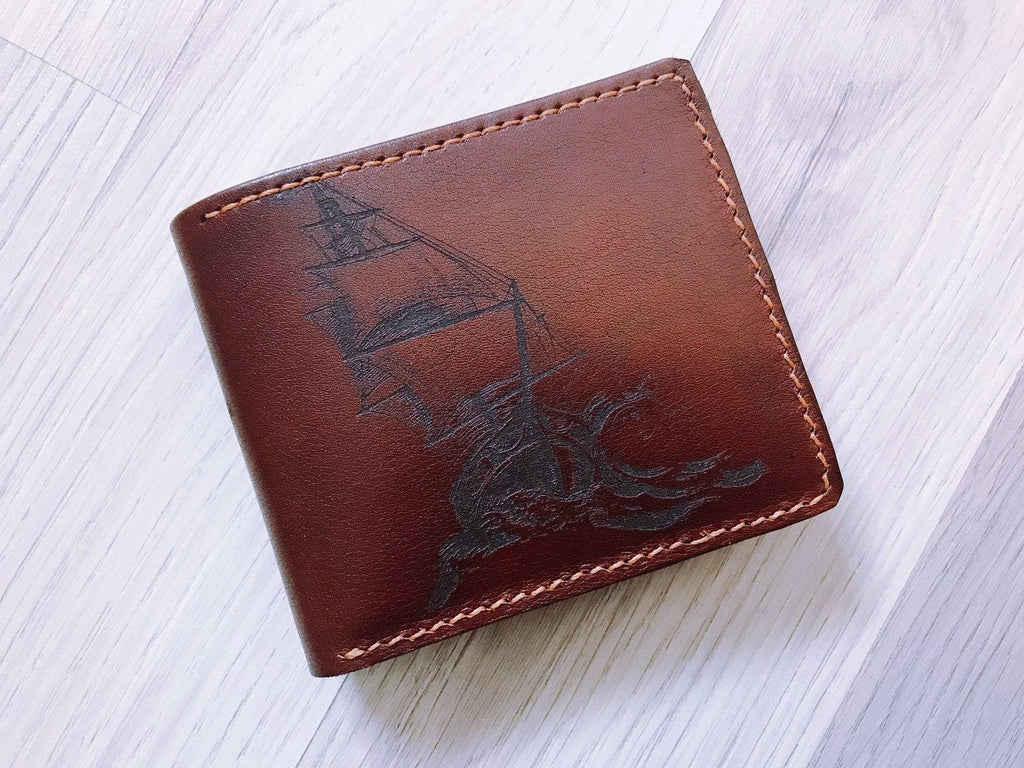 Sailing Ship Leather Wallet, Ocean Sea Design, RFID, Personalized Gift