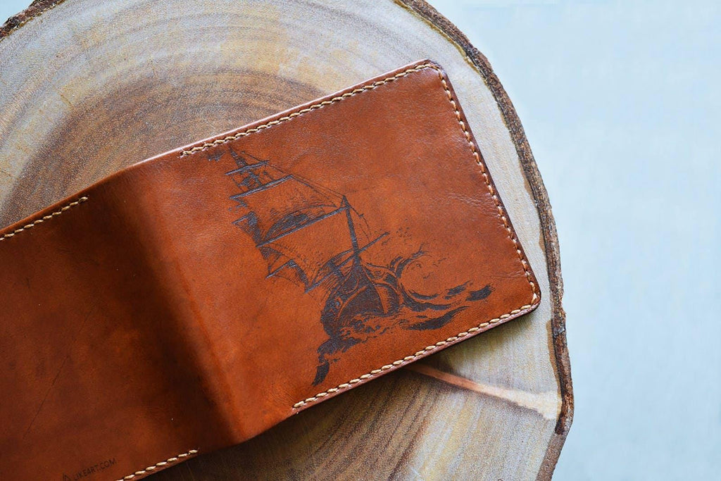 Sailing Ship Leather Wallet, Ocean Sea Design, RFID, Personalized Gift
