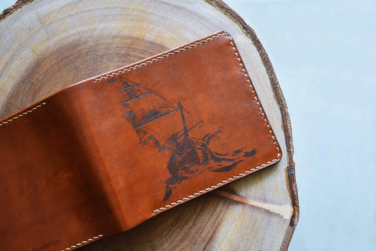 Sailing Ship Leather Wallet, Ocean Sea Design, RFID, Personalized Gift