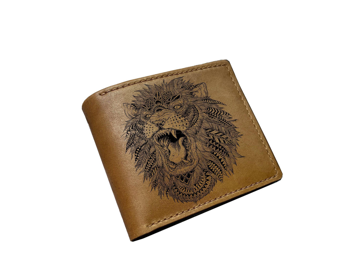 Engraved Lion Leather Wallet: Floral Animal Art, Bifold Wallet