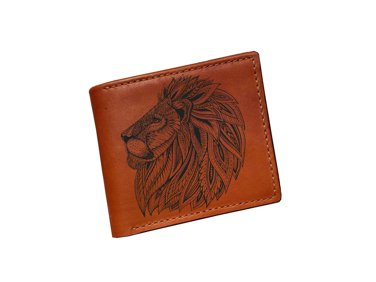Engraved Lion Leather Wallet: Floral Animal Art, Bifold Wallet