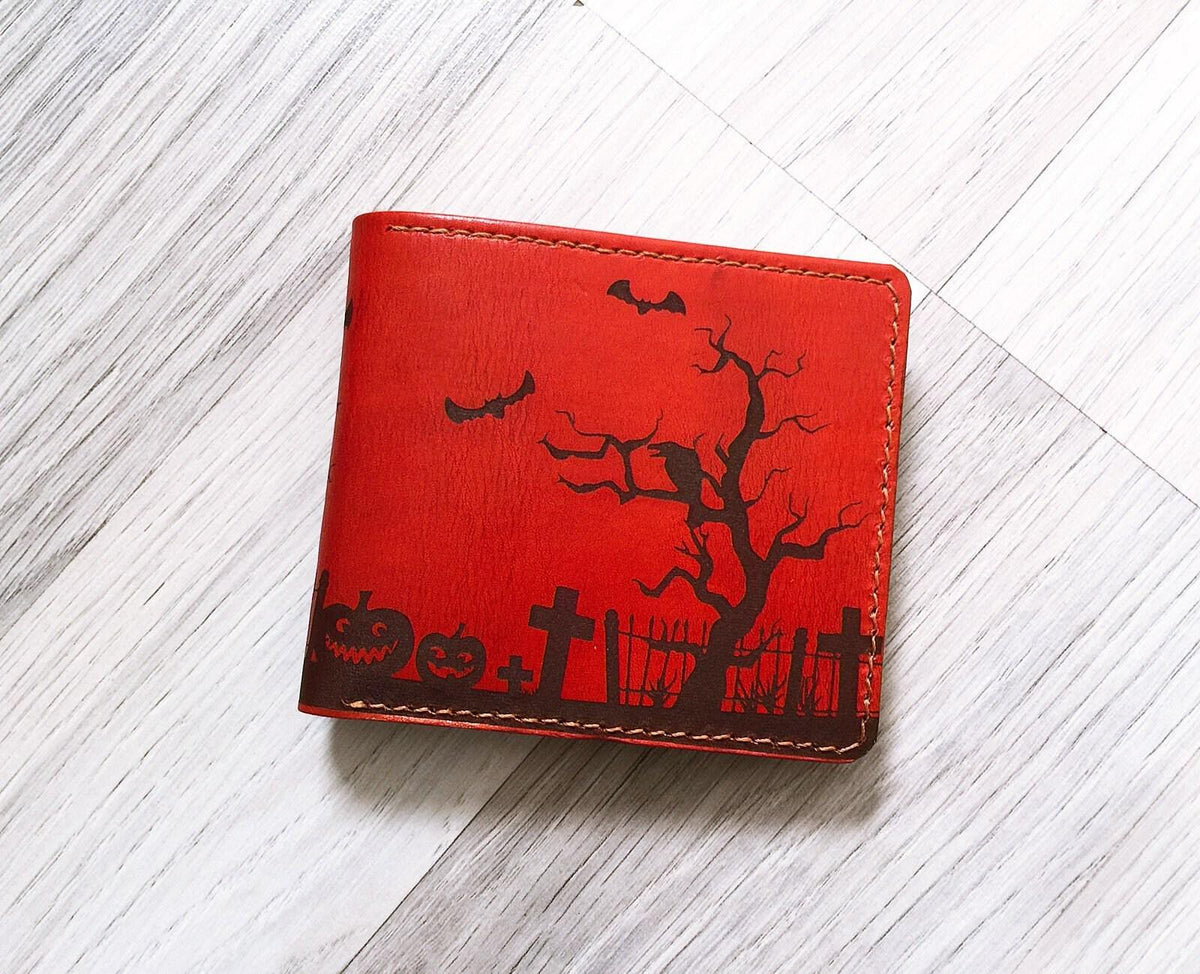 Personalized Halloween Leather Wallet, Ghost House, Gift for Men