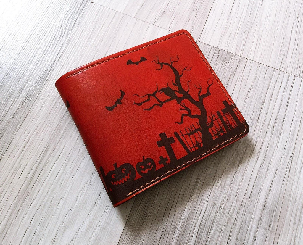 Personalized Halloween Leather Wallet, Ghost House, Gift for Men