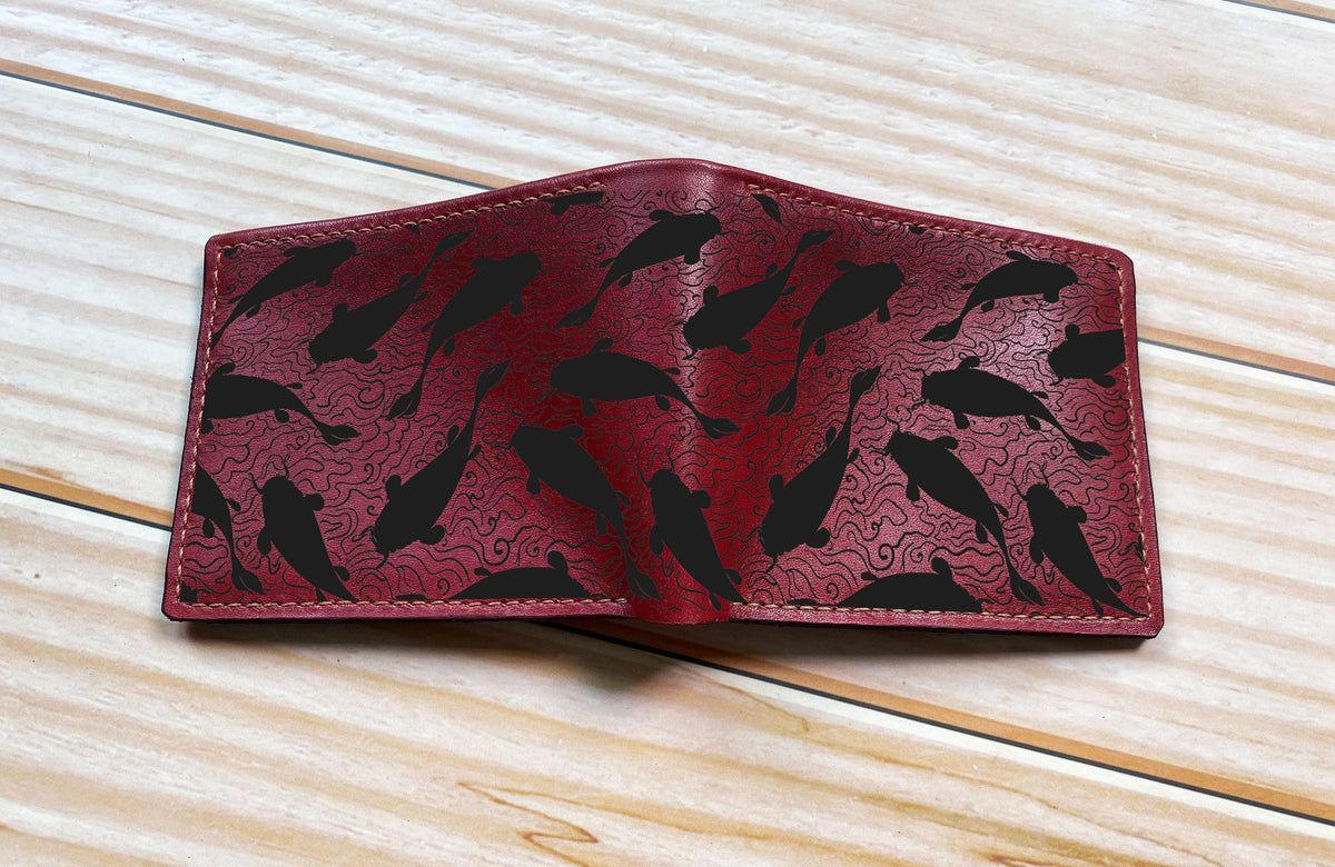 Custom Leather Wallet: Green Daisy Pattern, Japanese Art