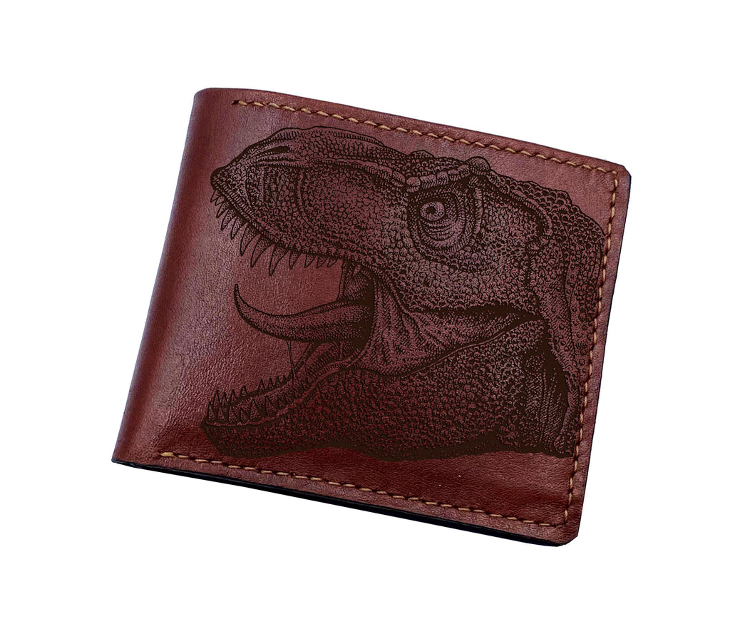 Engraved T-Rex Leather Wallet, Dinosaur Wallet, Handmade