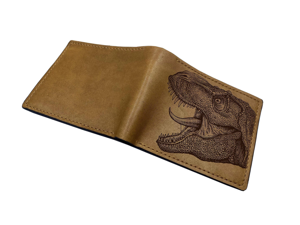 Engraved T-Rex Leather Wallet, Dinosaur Wallet, Handmade