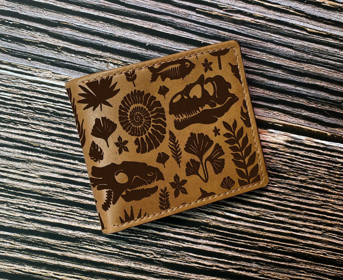 Dinosaur Fossil Engraved Leather Wallet - Handmade Veg-Tan