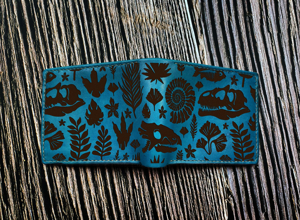 Dinosaur Fossil Engraved Leather Wallet - Handmade Veg-Tan