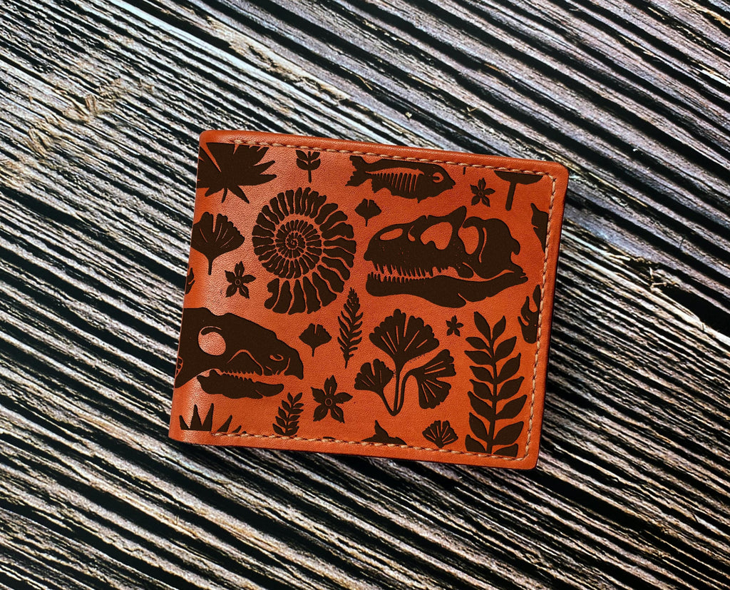 Dinosaur Fossil Engraved Leather Wallet - Handmade Veg-Tan