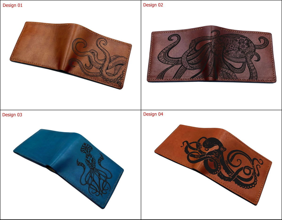 Personalized Leather Wallet: Kraken Ocean Monster Art, Handmade
