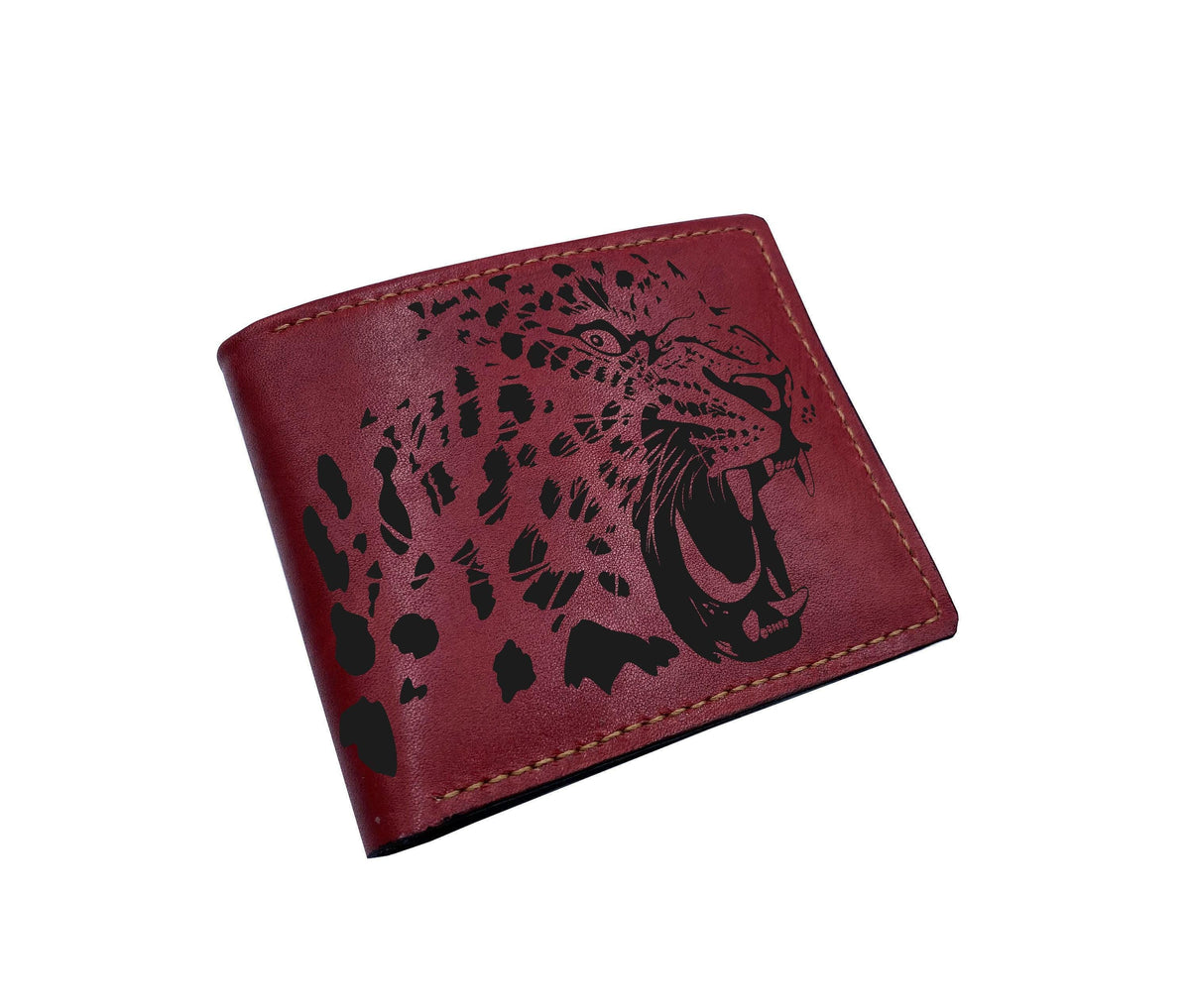 Personalized Leather Wallet, Engraved Leopard Art, Handmade
