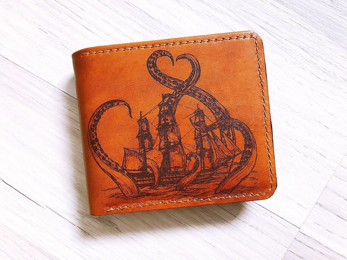 Personalized Kraken Leather Wallet, Handmade RFID Blocking, Anniversary Gift