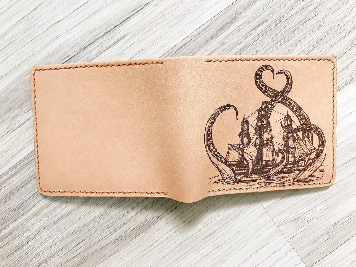 Personalized Kraken Leather Wallet, Handmade RFID Blocking, Anniversary Gift