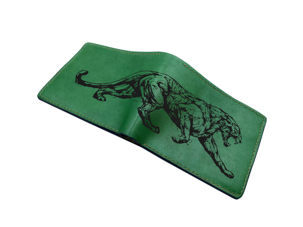 Personalized Leather Wallet, Engraved Leopard Art, Handmade