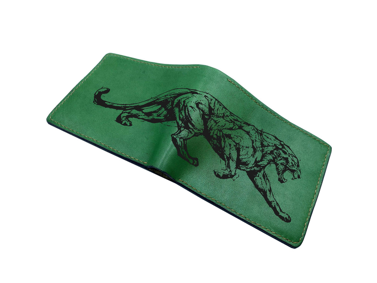 Personalized Leather Wallet, Engraved Leopard Art, Handmade