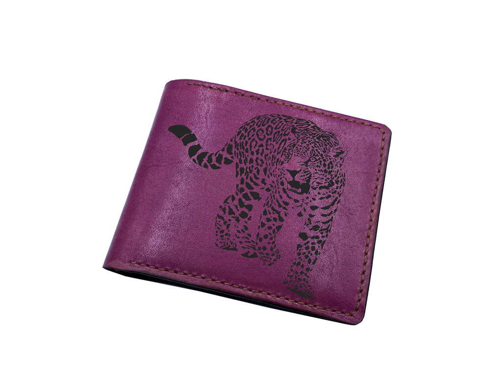 Personalized Leather Wallet, Engraved Leopard Art, Handmade