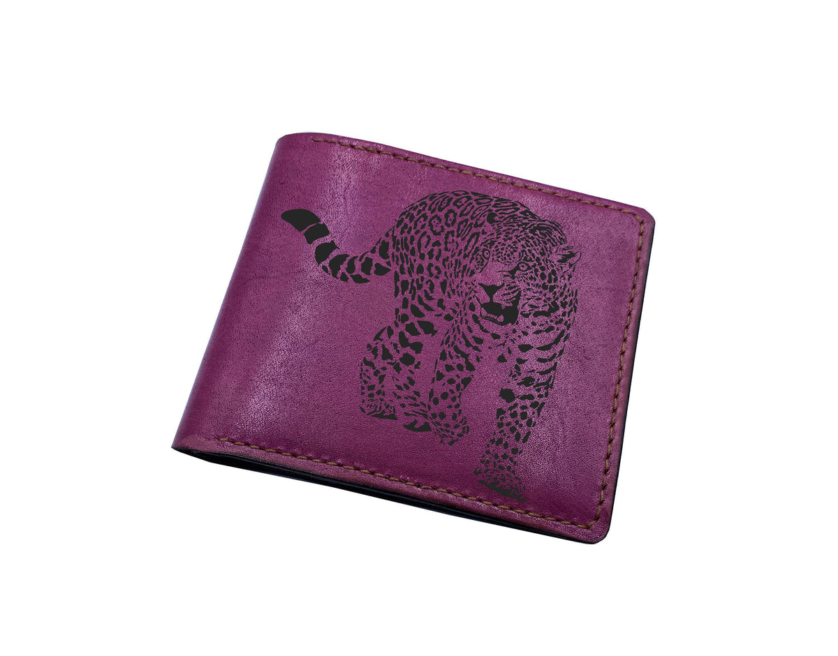 Personalized Leather Wallet, Engraved Leopard Art, Handmade