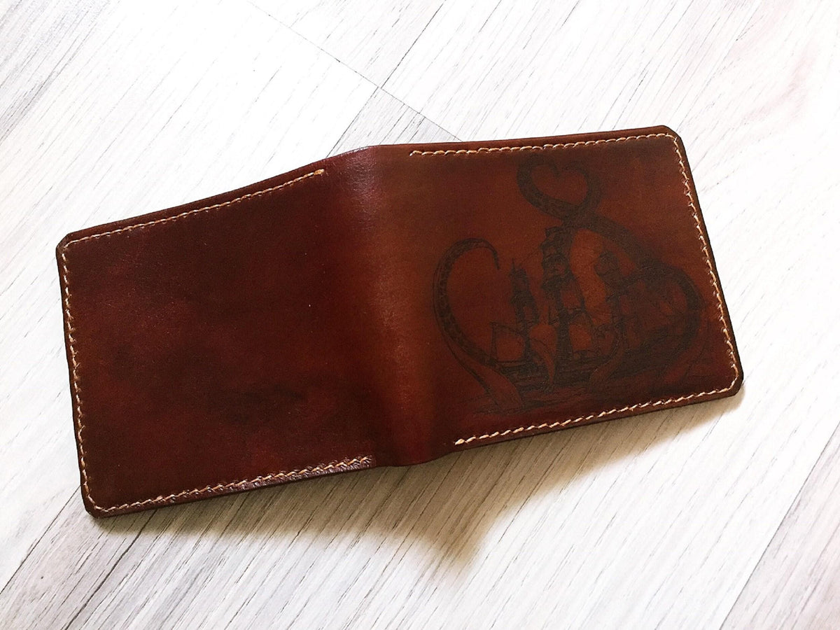Personalized Kraken Leather Wallet, Handmade RFID Blocking, Anniversary Gift
