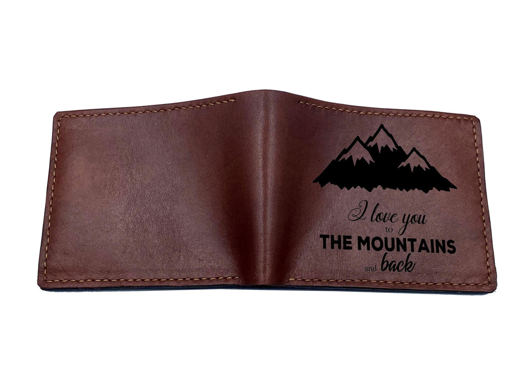 Personalized Leather Wallet, Engraved Mountain Design, Anniversary Gift
