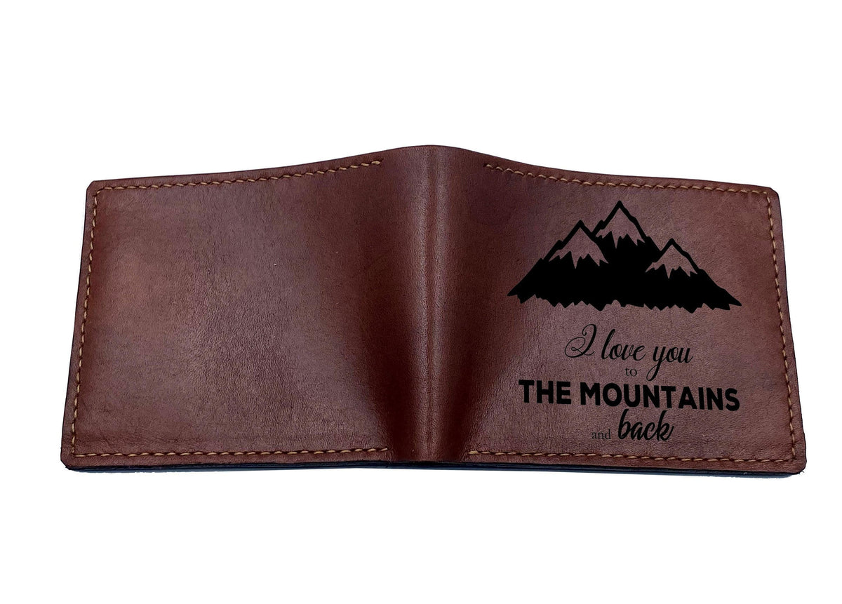 Personalized Leather Wallet, Engraved Mountain Design, Anniversary Gift